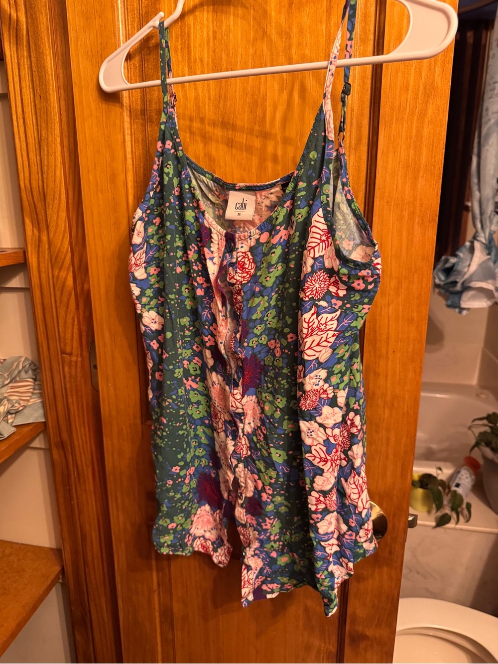 CAbi Blue Green Floral Cami with Pink Accents